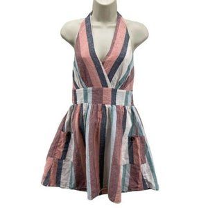 American Eagle Halter Sundress Small Stripe Cotton Linen Blend Lined Pockets NEW